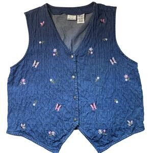 Vintage 90’s Bobbie Brooks Floral Butterfly Embroidery Denim Vest Top Women’s L
